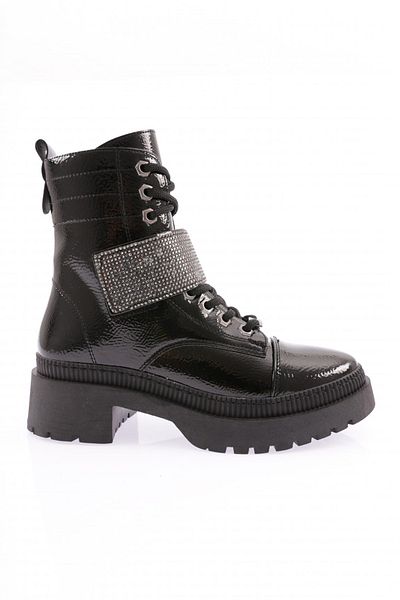 DGN Silver Stone Black Patent Leather Lace up Women's Boots - 211017921027
