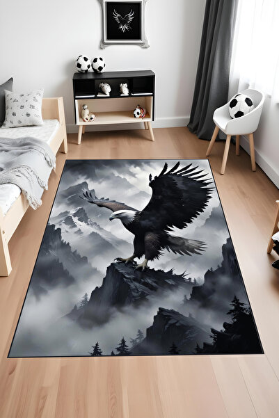 Noble Halı Dijital Baskı Siyah Beyaz Dağ Temalı Kartal  Halısı Yıkanabilir Genç Odası Taraftar Halısı