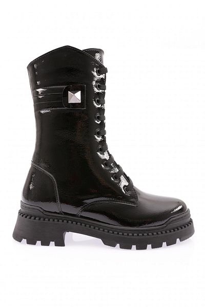 DGN 262-22K Black Wrinkled Long Women's Boots - Lace-Up and Side Buckle