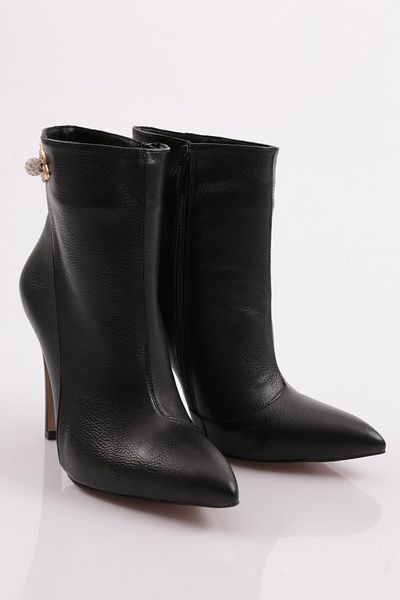 DGN 4247 Model - Black Pearl Stone Pointed Toe Thin Heeled Women's Boots