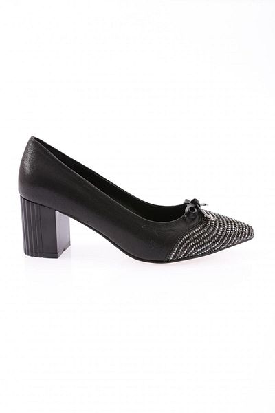 DGN Pantofi cu toc cu fundă cu piatră argintie pentru femei, tencuiți negru 213162621