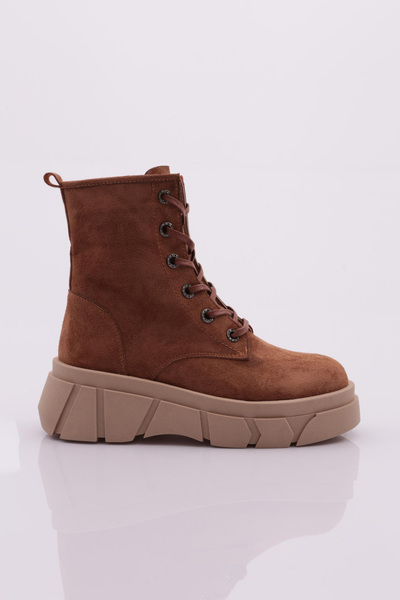 DGN Cizme de damă, cu fermoar și șireturi, cu talpă groasă, piele de căprioară maro 33142682