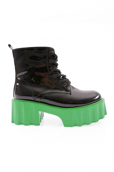 DGN Women's Thick Sole Lace up Boots Black Patent Leather Green 15299123118
