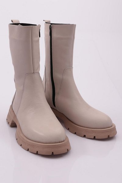 DGN Women's Zippered Long Boots White Broken Leather