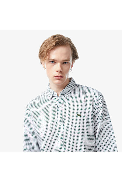 Lacoste Erkek Regular Fit Düğmeli Yaka Baskılı Beyaz Gömlek