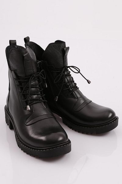 DGN Black Genuine Leather Women's Boots - Lace-Up