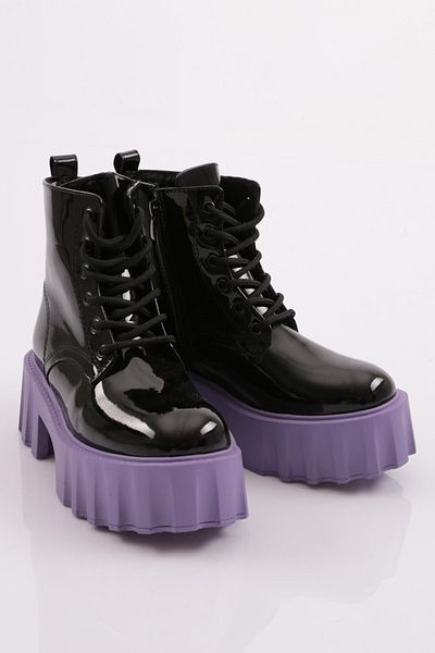 DGN Es801 Women's Thick Sole Lace up Boots Black Patent Leather Lilac