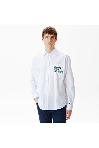 Lacoste Erkek Loose Fit Baskılı Beyaz Gömlek
