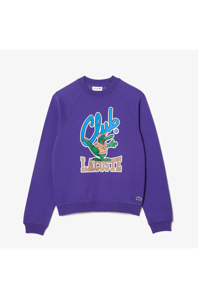 Lacoste Unisex Loose Fit Bisiklet Yaka Baskılı Mor Sweatshirt