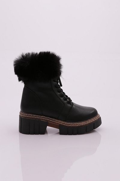 DGN Women's Thick Sole Lace up Sheepskin Boots Black Skin 43783138