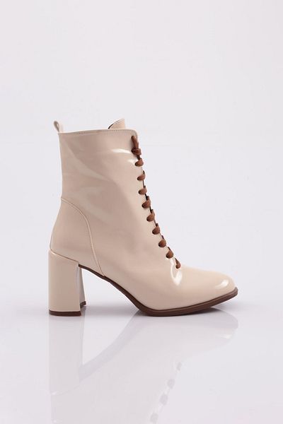 DGN Front Lace-Up Round Toe Heeled Women's Boots Beige Bouncer Patent Leather 51643285