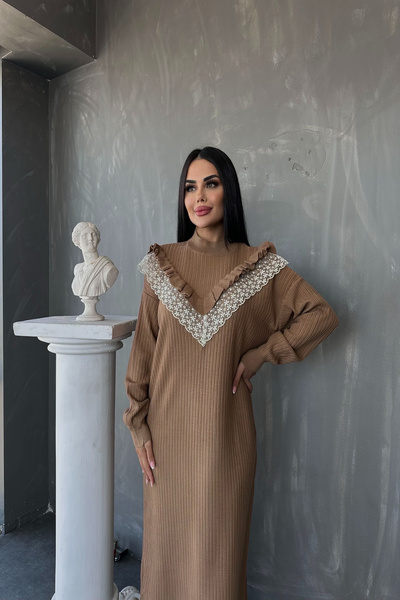 kamacibutik Rochie din tricot cu nervuri cu guler rotit Guipure (compatibilă ...