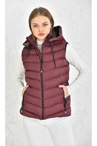 Ayşo Women's Burgundy Detachable Zippered Hood Puffer Vest