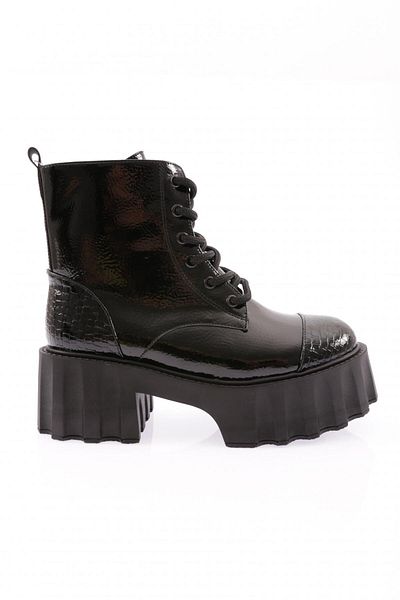 DGN Women's Thick Sole Lace up Boots Black Wrinkled Patent Leather Black Crocodile 15299133118