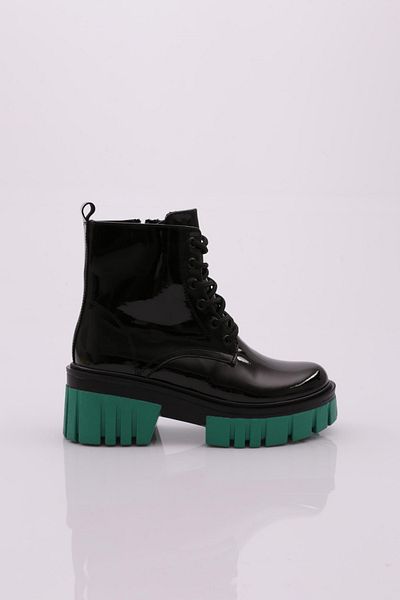 DGN Es805 Women's Thick Sole Lace up Heeled Boots Black Patent Leather Mint