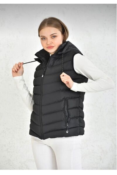 Ayşo Women's Black Removable Zippered Hood Puffer Vest