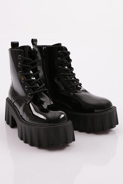 DGN Es801 Damen-Stiefel aus schwarzem Lackleder mit dicker Sohle und Schnürung