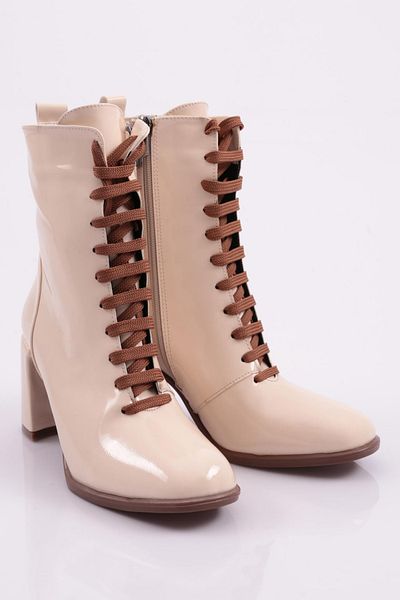 DGN Front Lace-Up Round Toe Heeled Women's Boots Beige Bouncer Patent Leather 51643285
