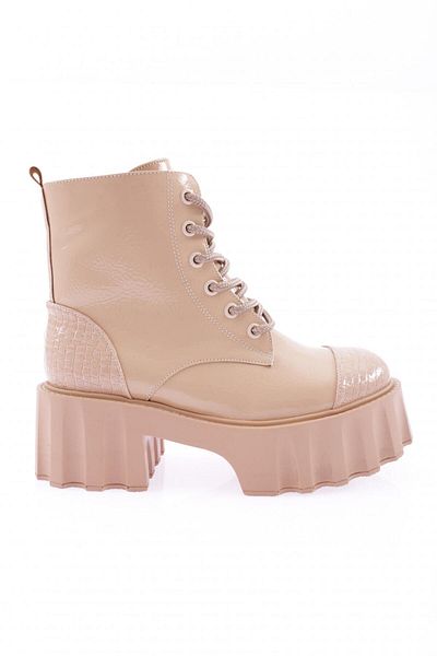 DGN Nude Crocodile Women's Boots - Thick Sole, Laced, Patent Leather 15299133118