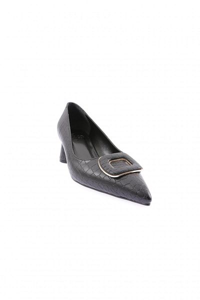 DGN Women's Metal Accessory Pointed Toe Thick Short Heeled Shoes Black Crocodile Matte 54312821