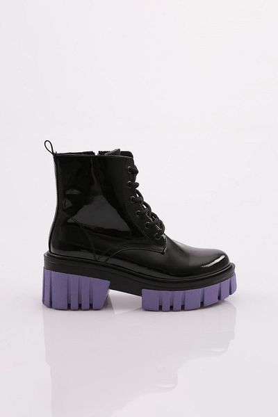 DGN Es805 Women's Thick Sole Lace-Up Heeled Boots Black Patent Leather Lilac