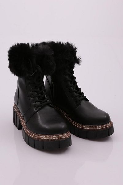 DGN Women's Thick Sole Lace up Sheepskin Boots Black Skin 43783138