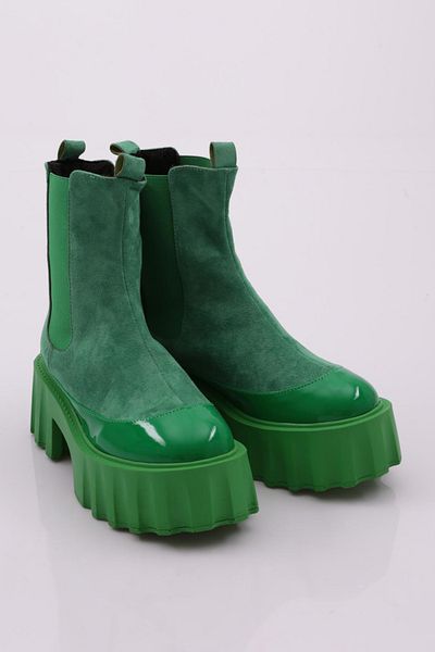 DGN Es804 Damen-Stiefel mit dicker Sohle, Stretch-Detail und Absatz, grünes Wildleder, grünes Lackleder