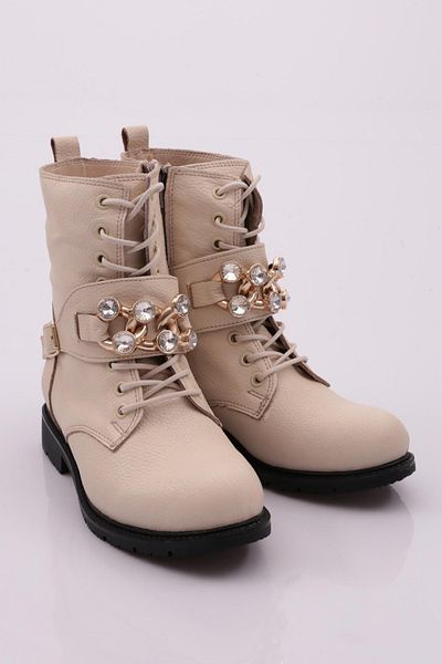DGN Women's Lace-Up Crystal Stone Buckle Boots Beige 18333325
