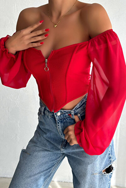 MissThetis Ön ve Arka Kare Yakalı Uzun Ucu Lastikli Şifon Balon Kol Fermuarlı...