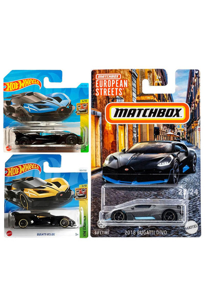 HOT WHEELS 3 Araç Bugatti Set - Hot Wheels Bolide Sarı & Mavi & Matchbox Divo...