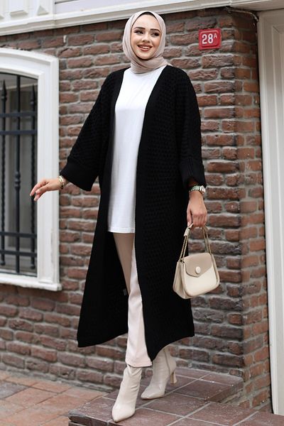 Tesettürce moda Black Knitwear Cardigan - 110 cm