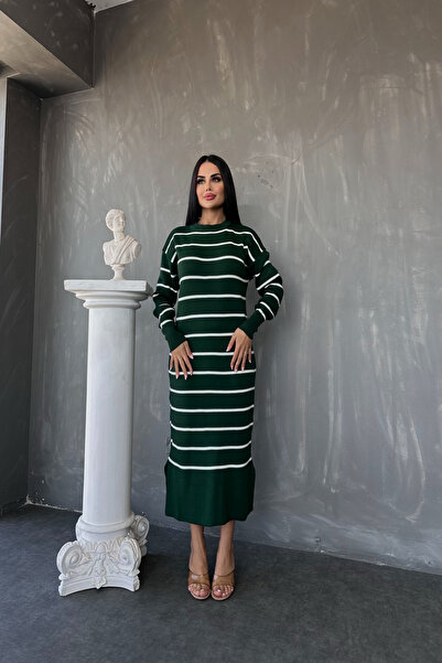 kamacibutik Rochie tricotată cu dungi cu decolteu și fante (compatibilă cu mărimea standard S/M/L/XL)