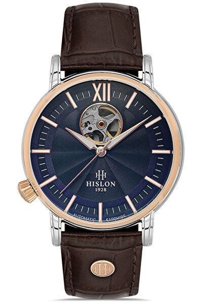 Hislon Men's Multicolor-Navy Blue Steel Case Round Dial Leather Band Wristwatch Automatic Mechanism Anal