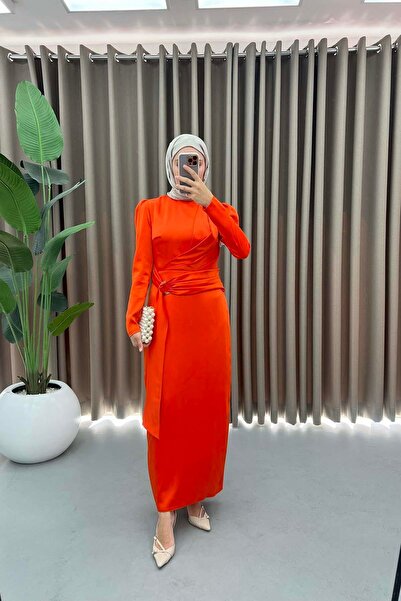 Puane Satin Fabric Belt Detailed Hijab Evening Dress - Coral
