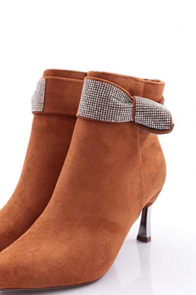 DGN Tan Suede Women's Heeled Boots - Silver Stone Detailed 212112821