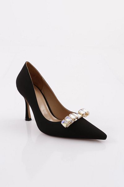 DGN Pantofi cu toc cu cataramă din piatră de cristal cu vârf ascuțit pentru femei, satin negru 101653236