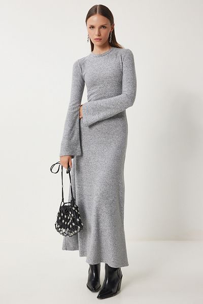 Lovelyİstanbul Long Knitwear Dress - Crew Neck, Gray Melange, Lrg0009