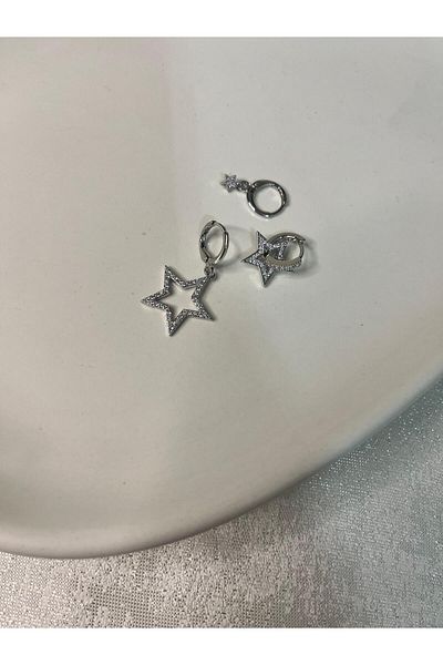 Mog Concept Stainless Anti-Tarnish Silver Color 3-Piece Jewelled Star Steel Earrings