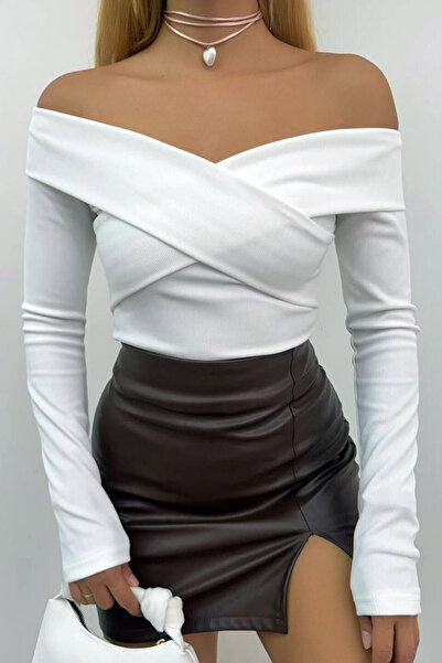 MissKybele Madonna Yaka Göğüs Dekolteli Geniş Çapraz Bant Detay Uzun Kol Dar ...