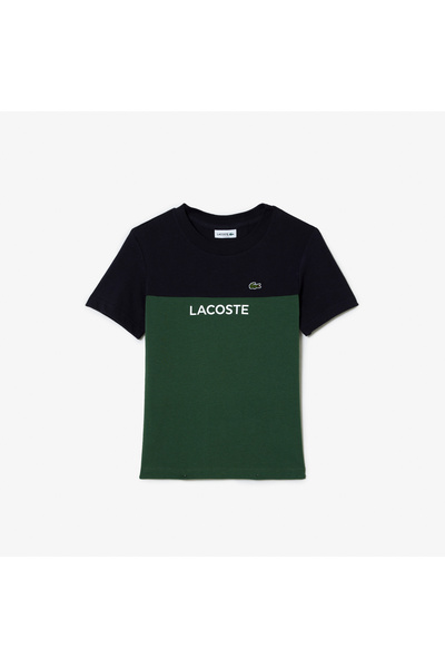 Lacoste تي شيرت للأطفال برقبة دائرية وبلوكات ملونة باللون الأزرق الداكن