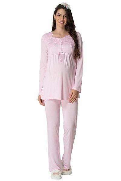 Mecit Pijama Σετ Πυτζάμες εγκυμοσύνης Mecit 5416 Ροζ Μακριά με Φόρεμα