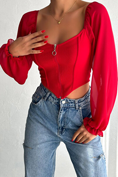 CoolLook Göğüs Dekolteli Beşgen Yaka Uzun Şifon Lastikli Kol Fermuarlı Bele O...