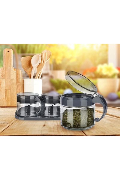K&A Spice Set 3 Glass Spice Rack with Spoon and Stand