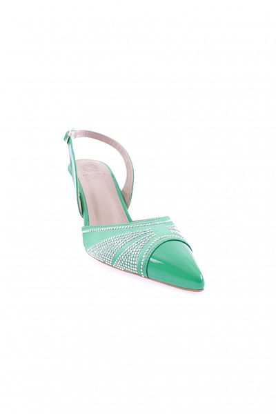 DGN Piele lacuita verde - Pantofi cu toc de dama cu varf ascutit de piatra argintie 123286
