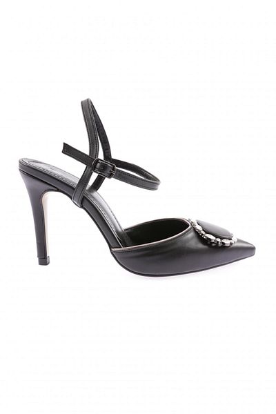 DGN Pantofi de damă cu cataramă de cristal cu toc subțire, negri 21162821