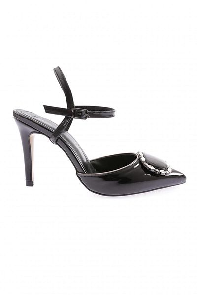 DGN Pantofi de damă cu cataramă de cristal cu toc subțire din piele lacuită neagră 21162821