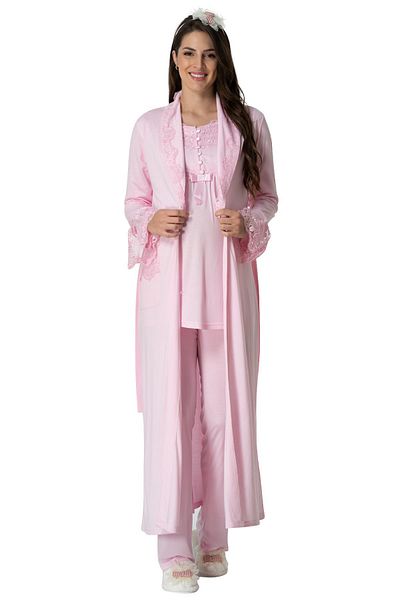 Mecit Pijama Σετ Πυτζάμες εγκυμοσύνης Mecit 5416 Ροζ Μακριά με Φόρεμα