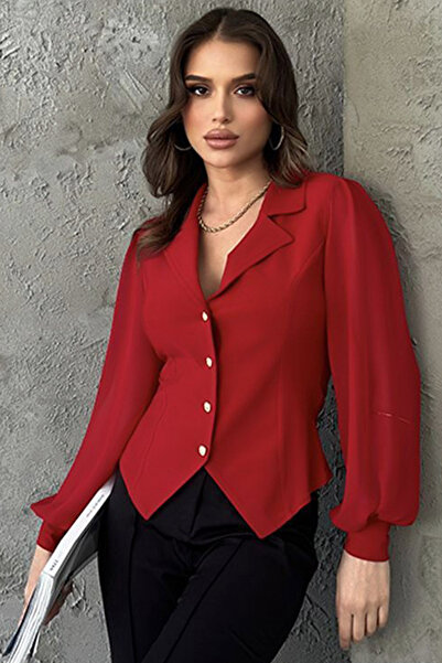 MissKybele Çentikli Ceket Yaka Manşetli Şifon Uzun Balon Kollu Esnek Gold Düğ...