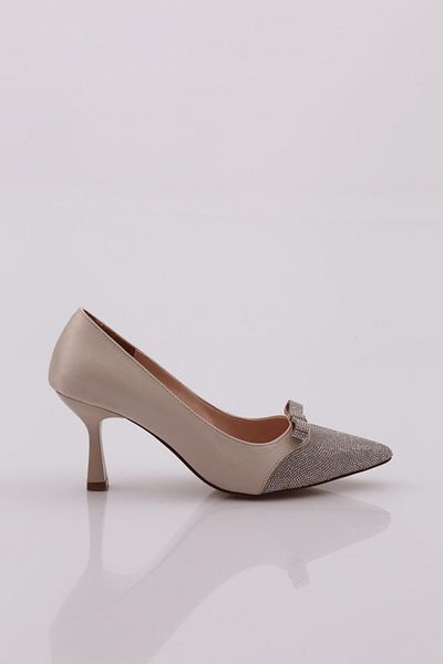 DGN Pantofi cu toc de damă cu panglică cu pietre în față din satin bej 9362621