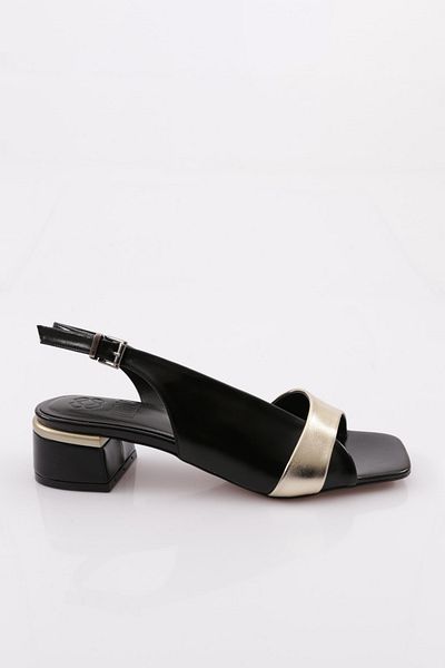 DGN Pantofi cu toc cu curea din spate cu vârf plat de damă, negru auriu metalic 42321033